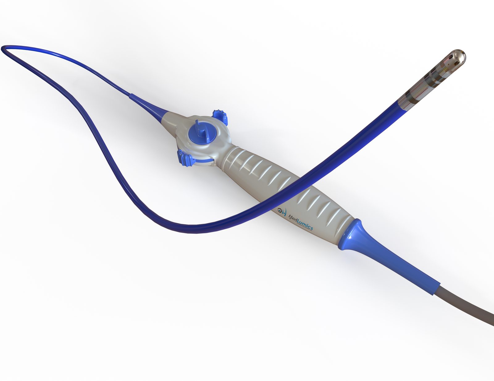 AblaView dual-energy ablation catheter: deflectable shaft, handle, and tip electrode with integrated optical apertures.